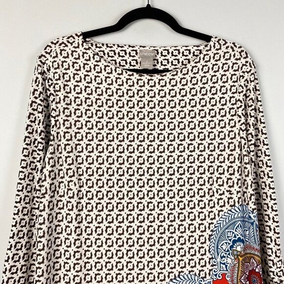 Chicos Printed Ruched-Sleeve Dress Womens 2 US 12 L Floral Ikat Jewel Neckline - Picture 2 of 10